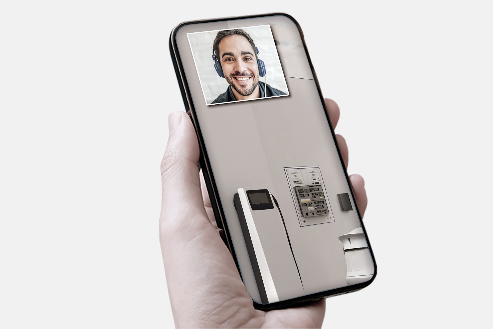Eine Hand hält ein Smartphone und zeigt einen Videoanruf mit einem lächelnden Mann; auf dem Bildschirm sind eine Gebäudetürklingel und Details zum Video-Installations-Check von e-mobilio zu sehen.