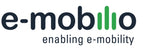 E-mobilo-Logo mit drei grünen Balken, die das „b“ bilden, begleitet vom Slogan „enabling e-mobility“ unter dem Firmennamen.