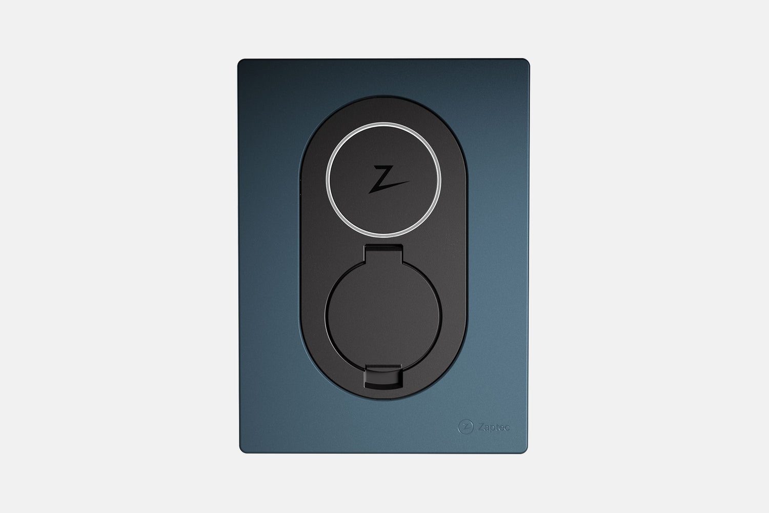 Die Zaptec Go von Zaptec ist eine moderne, rechteckige Ladestation für Elektrofahrzeuge mit rundem Sockel in elegantem schwarz-blauem Design. Erleben Sie smartes Laden mit der intelligenten Ladestation und der praktischen kostenlosen App.