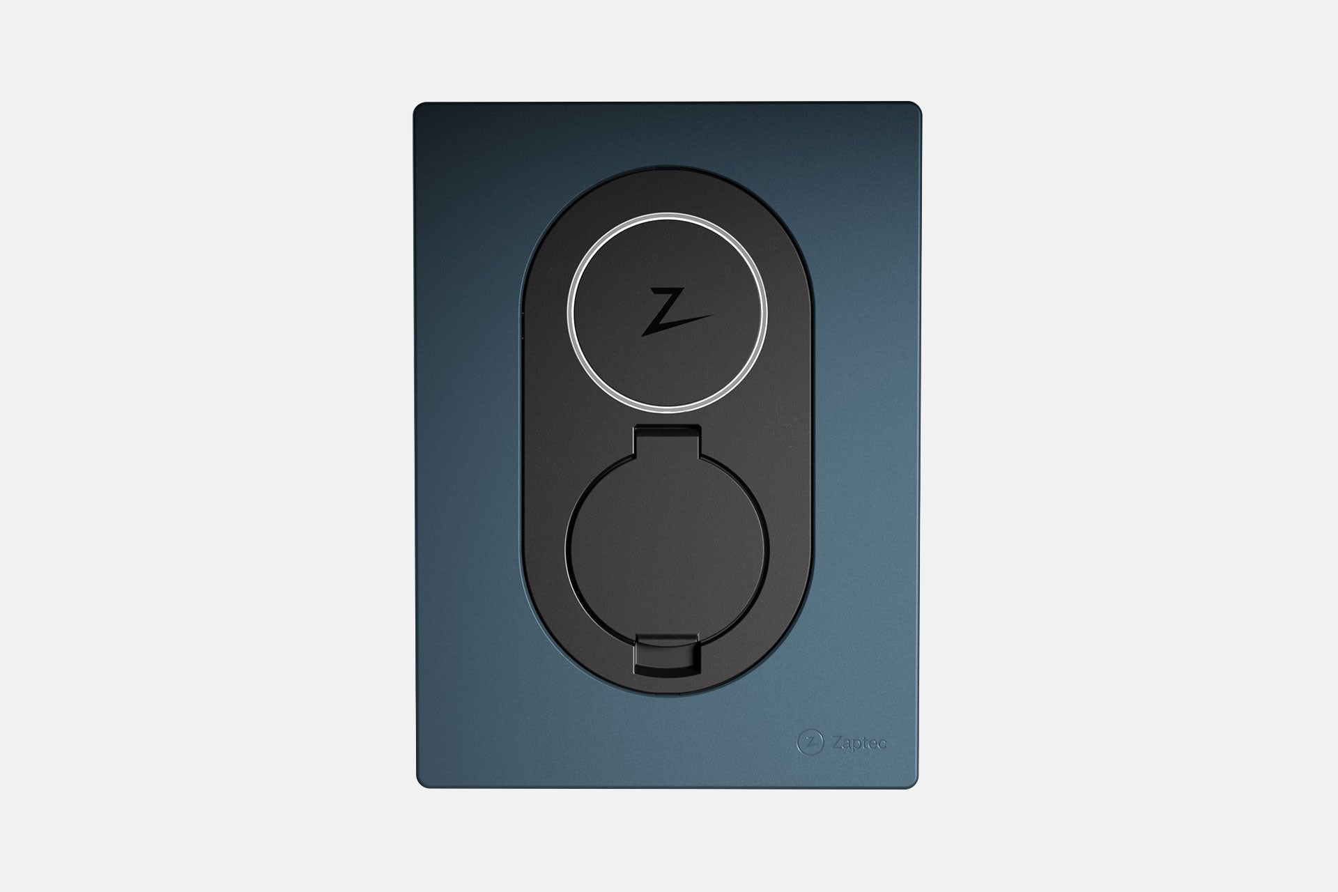 Die Zaptec Go von Zaptec ist eine moderne, rechteckige Ladestation für Elektrofahrzeuge mit rundem Sockel in elegantem schwarz-blauem Design. Erleben Sie smartes Laden mit der intelligenten Ladestation und der praktischen kostenlosen App.