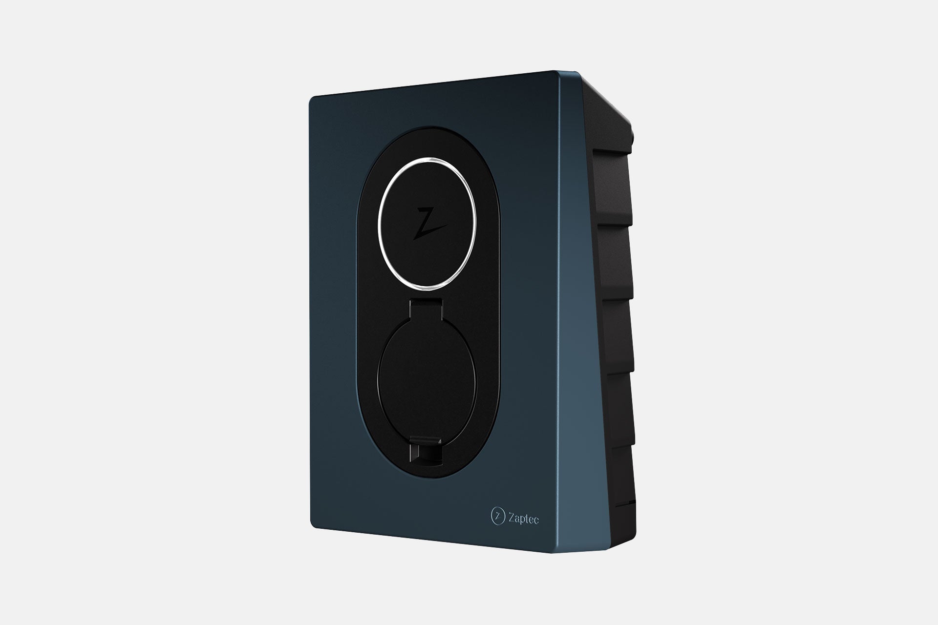 Die Zaptec Go von Zaptec ist eine schwarze, rechteckige Wandladestation mit rundem Anschluss und Logo an der Unterseite. Sie funktioniert mit einer kostenlosen App zur einfachen Steuerung und Überwachung.