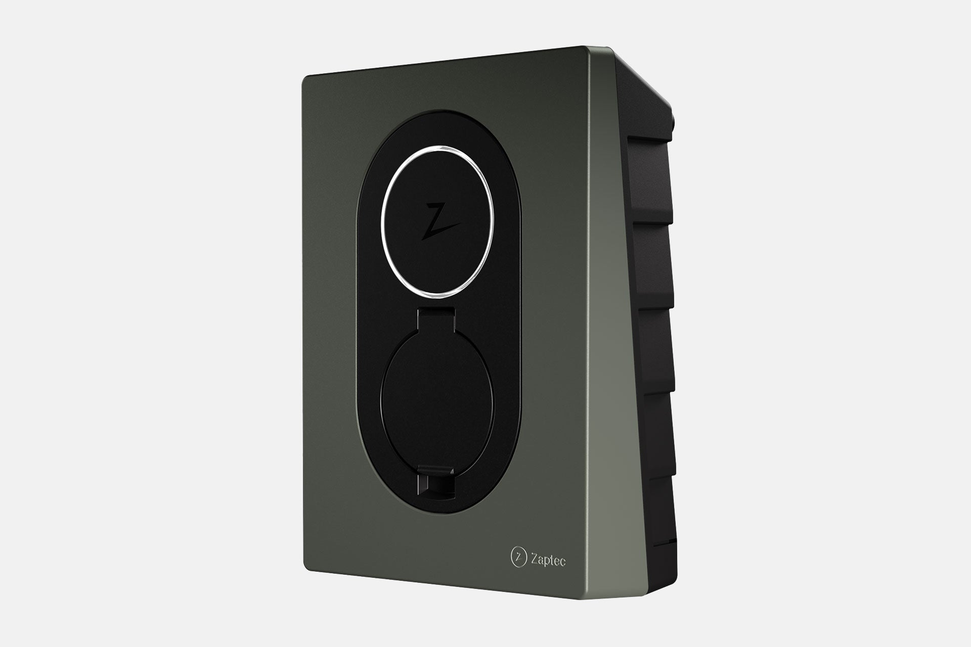 Eine schwarz-graue Zaptec Go-Wallbox von Zaptec ist schräg an einer hellgrauen Wand montiert. Verwalten Sie den Ladevorgang mühelos mit der kostenlosen App für ein nahtloses Elektrofahrzeug-Erlebnis.