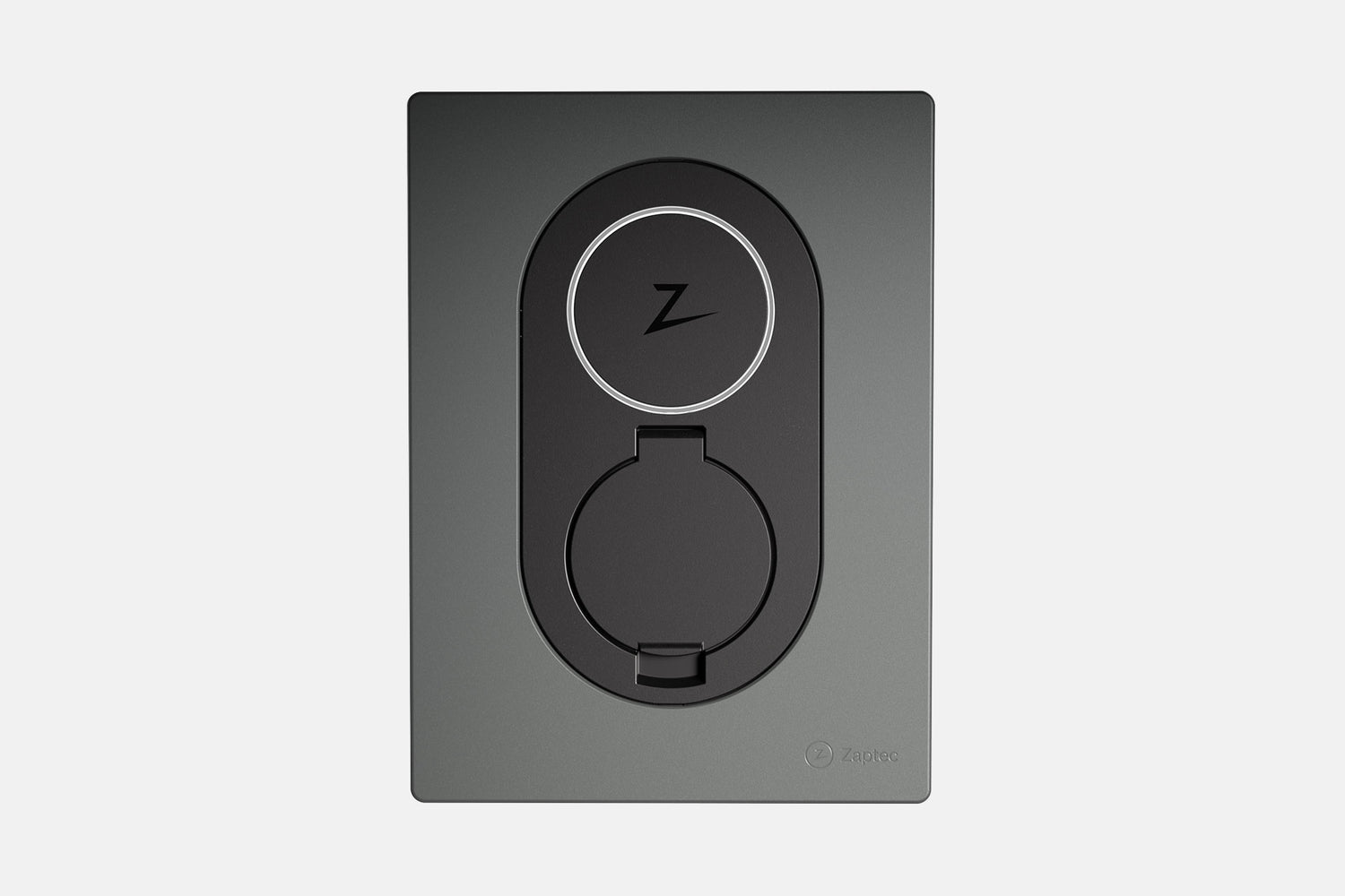 Zaptec Go von Zaptec ist eine mattschwarze Wandsteckdose mit runder Steckdosenabdeckung und Blitzsymbol, die ein intelligentes Ladestation-Erlebnis für Ihr Zuhause bietet.